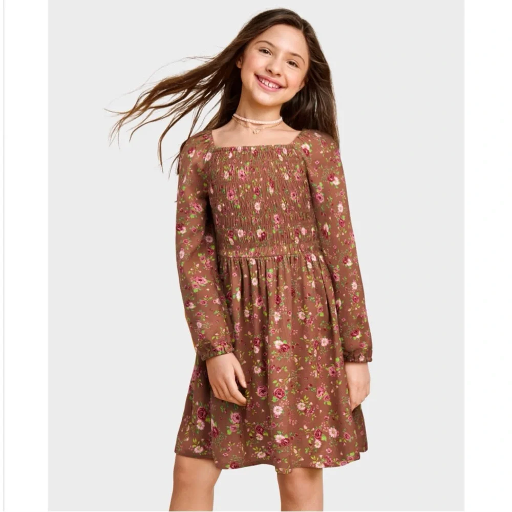 NWT Children’s Place Rust & Pink Floral Boho Long Sleeve Smocked Dress S 5/6 NEW